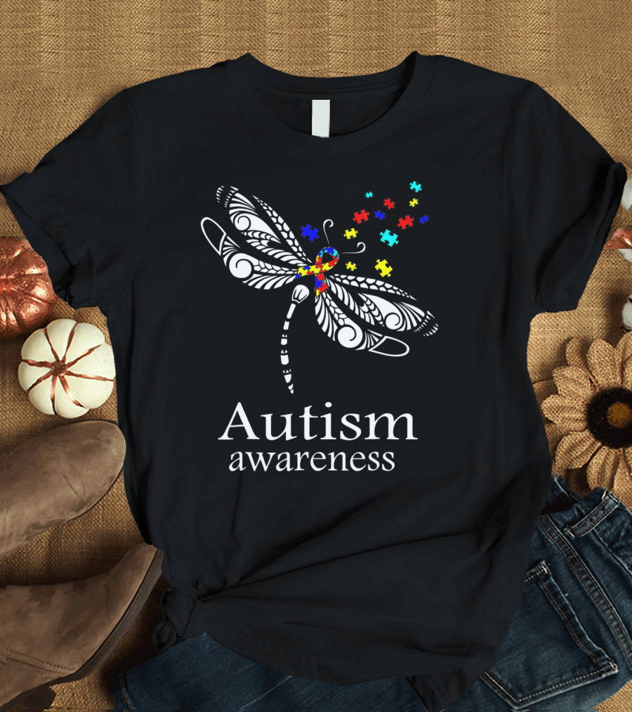 Autism Awareness Dragonfly Puzzle Pieces Symbolizing Support T-Shirt
