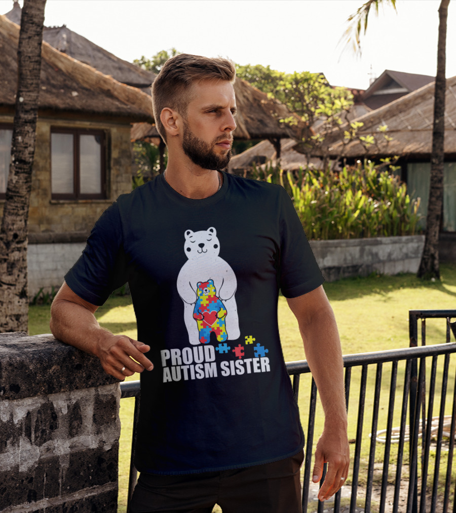 Proud Autism Sister Bear Puzzle Heart Multicolor T-Shirt