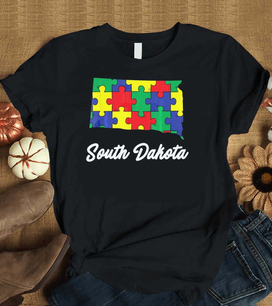 South Dakota Autism Awareness Puzzle Map T-Shirt
