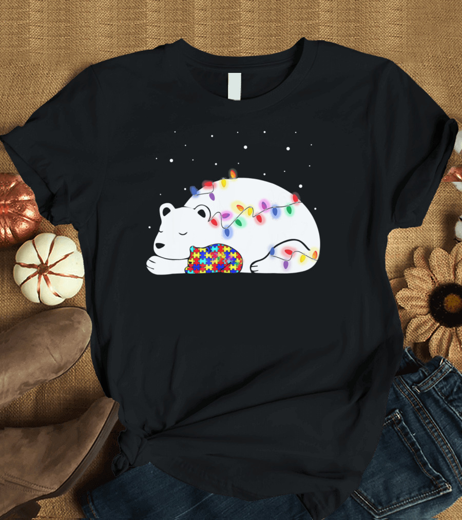 Autism Awareness Mama Bear Christmas Lights Puzzle T-Shirt