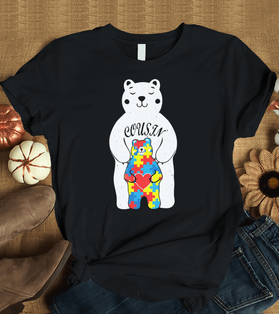 Cousin Bear Holding Autism Awareness Puzzle Heart ASD T-Shirt
