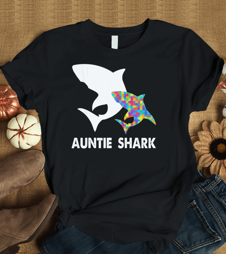 Auntie Shark Autism Puzzle Piece Warrior T-Shirt