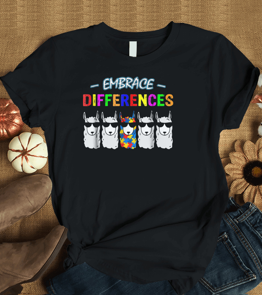 Embrace Differences Llama Autism Awareness Puzzle T-Shirt