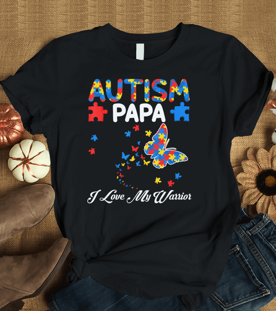 Autism Papa I Love My Warrior Butterfly Puzzle T-Shirt