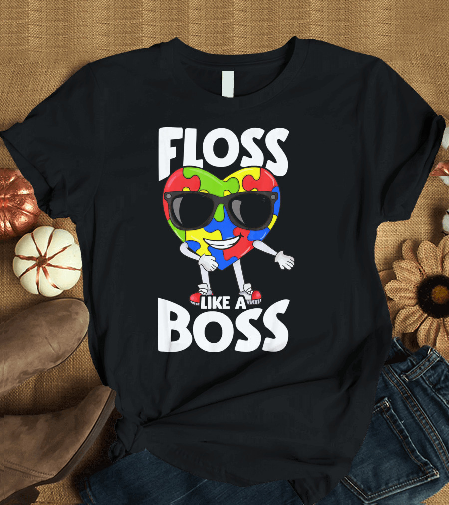 Autism Awareness Floss Like A Boss Puzzle Heart Wearing Sunglasses T-Shirt