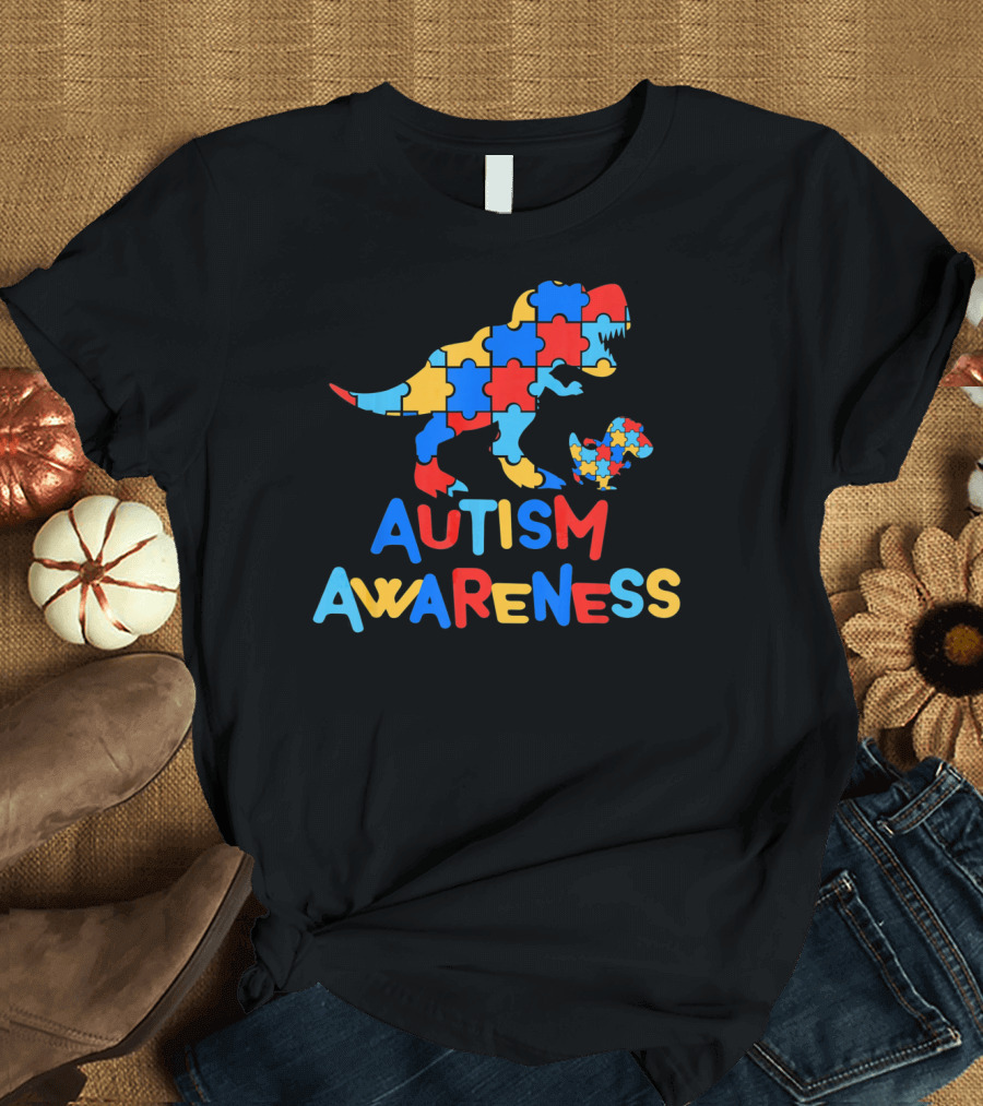 Dinosaur Puzzle Autism Awareness Colorful Piece T-Shirt