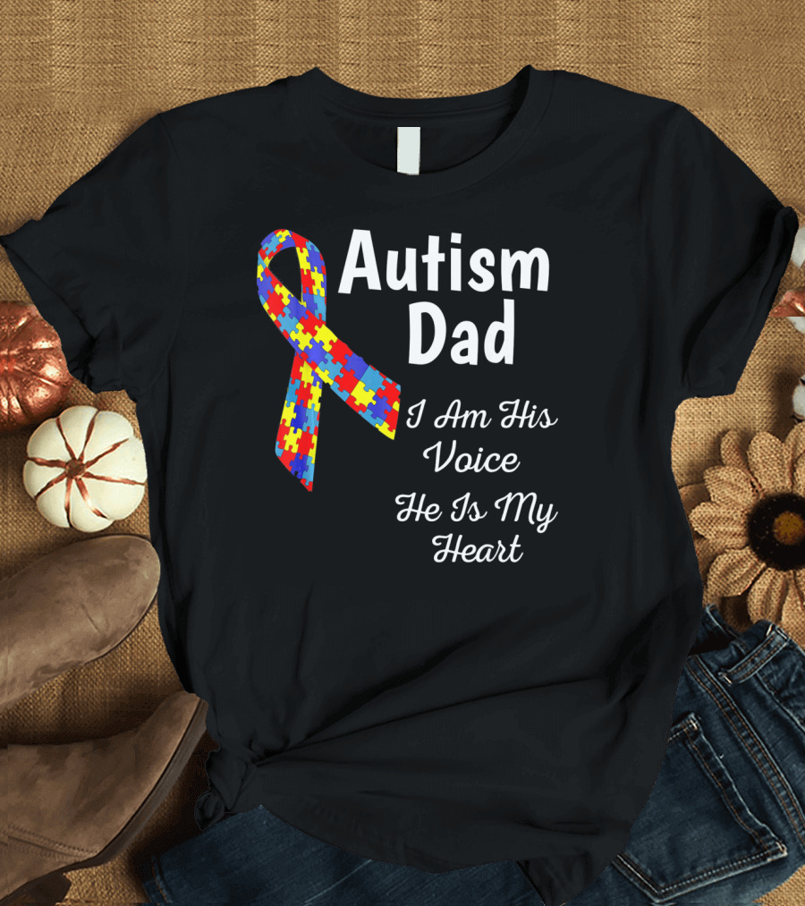 Autism Dad I Am His Voice He Is My Heart Puzzle T-Shirt