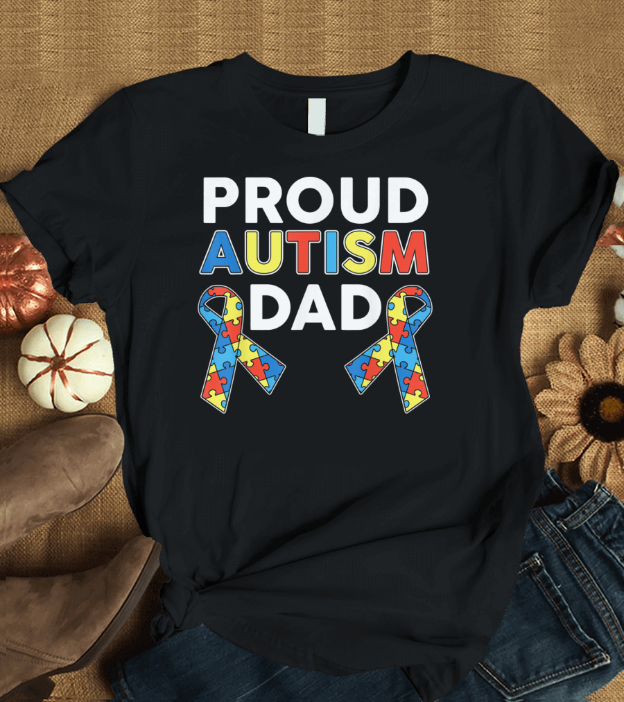 Proud Autism Dad Awareness Ribbon Puzzle T-Shirt