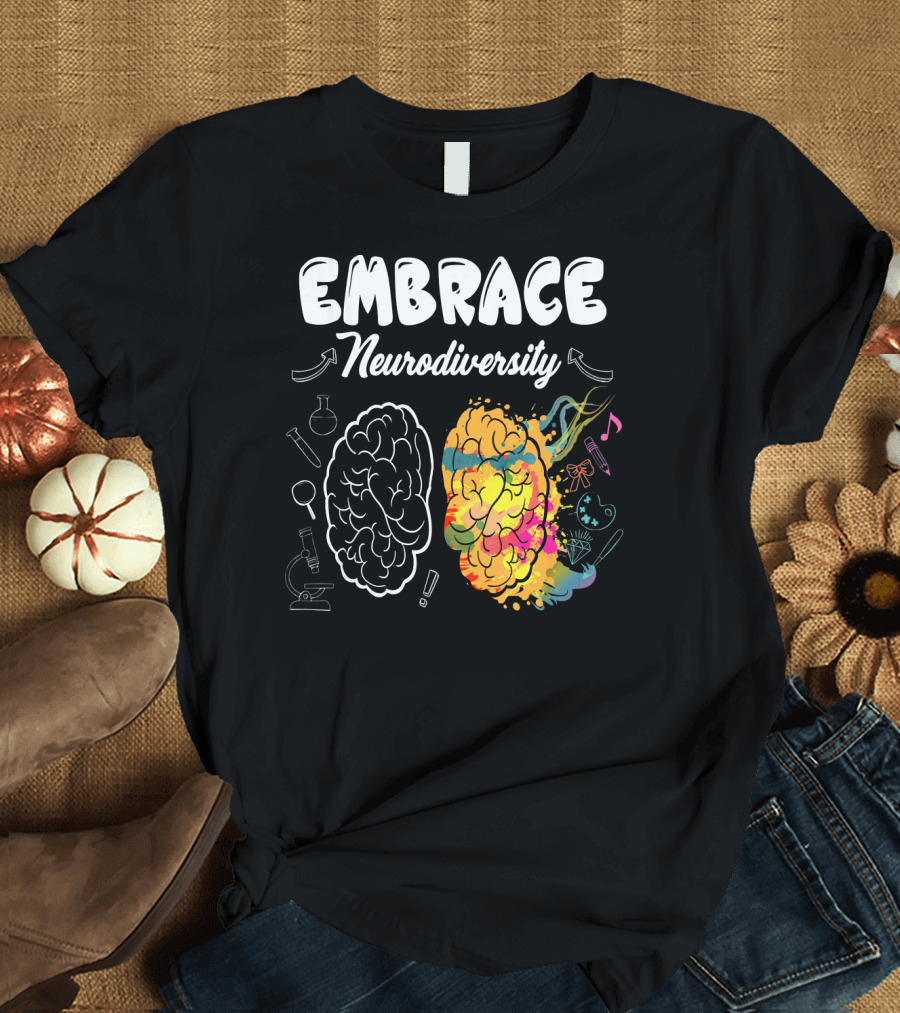 Embrace Neurodiversity Brain Autism Awareness Colorful Science Music Art Icons T-Shirt