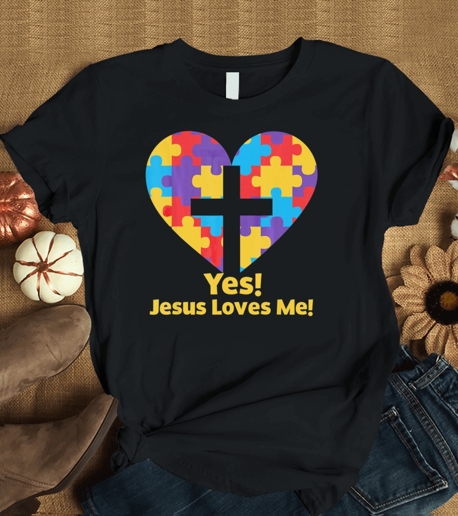 Yes Jesus Loves Me Autism Awareness Catholic Christian Cross Heart Puzzle T-Shirt