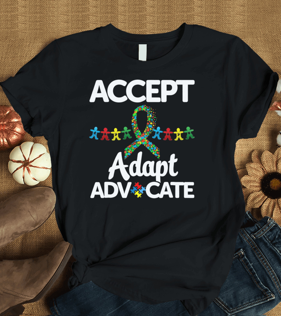 Accept Adapt Advocate Autism Awareness Puzzle Ribbon and Figures T-Shirt