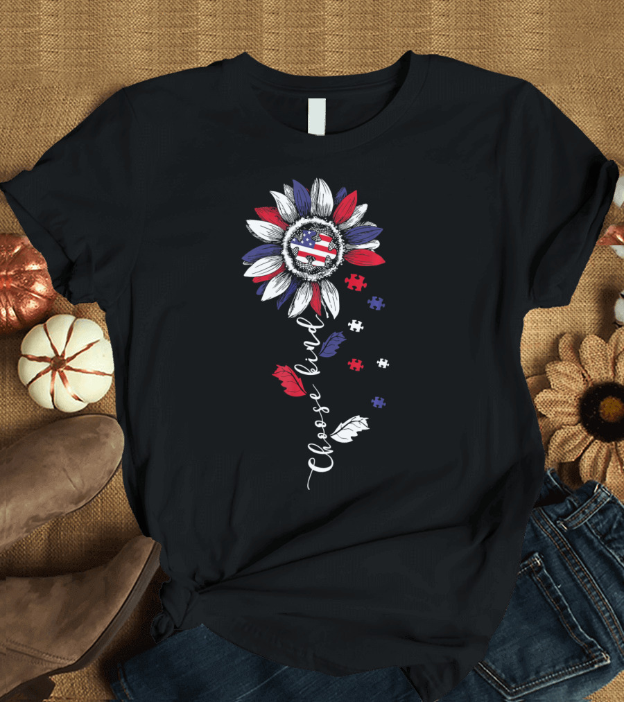 Patriotic Sunflower with Puzzle Pieces and Choose Kind Autism Awareness T-Shirt