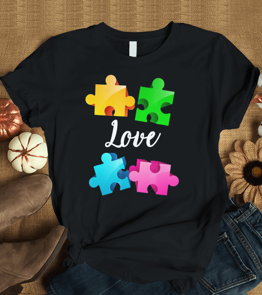 Autism Awareness Love with Colorful Puzzle Pieces T-Shirt