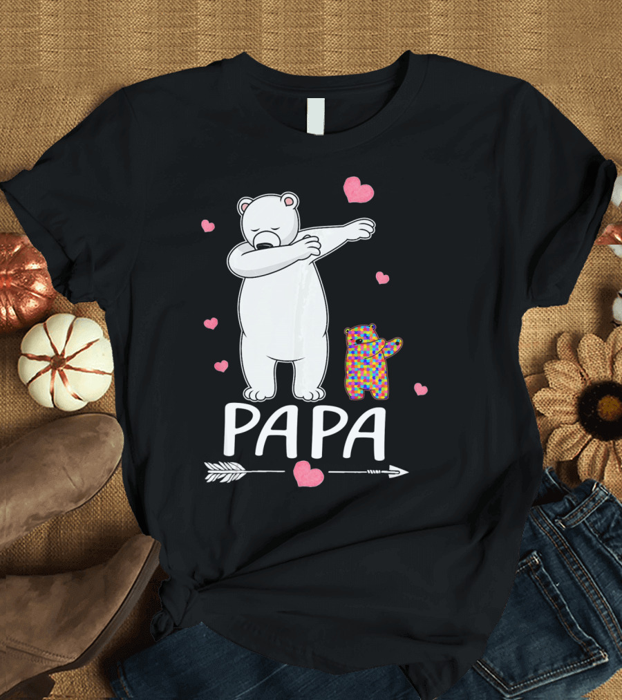 Papa Bear Dabbing with Autism Awareness Puzzle Bear and Hearts T-Shirt