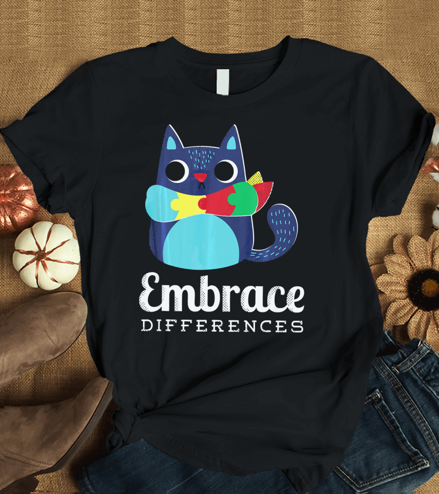 Embrace Differences Autism Support Awareness Puzzle Cat T-Shirt