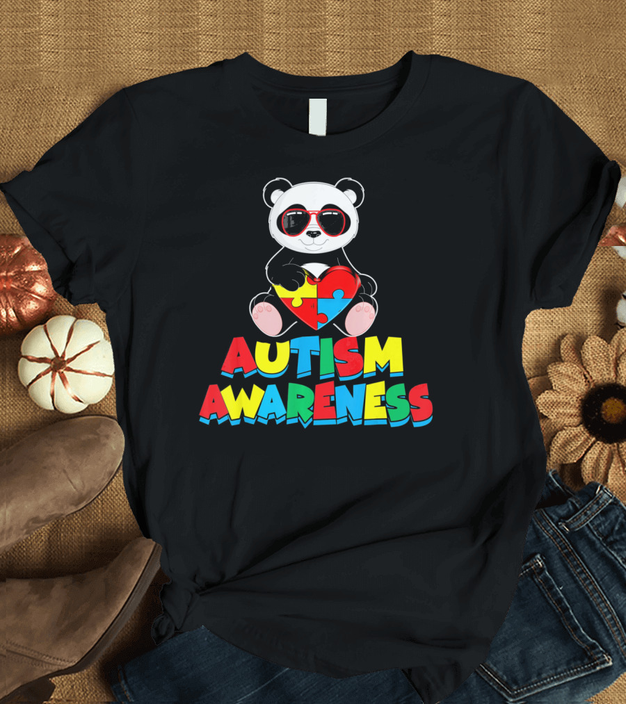 Autism Awareness Funny Panda with Heart-Shaped Puzzle T-Shirt