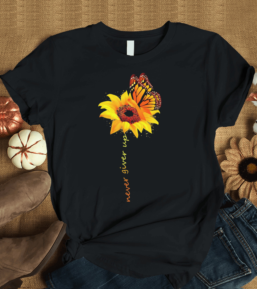 Never Give Up Multiple Sclerosis Awareness Butterfly Sunflower T-Shirt