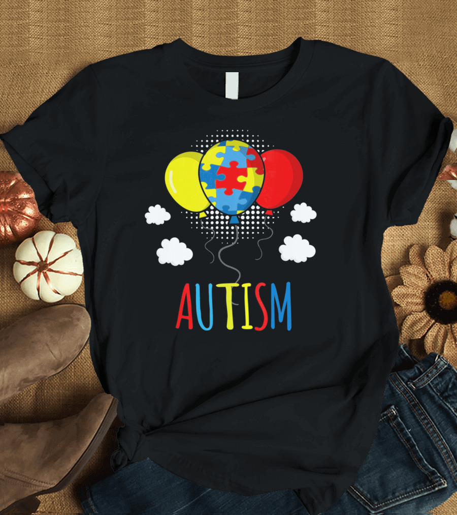 Autism Awareness Puzzle Piece Balloons with Colorful Clouds T-Shirt