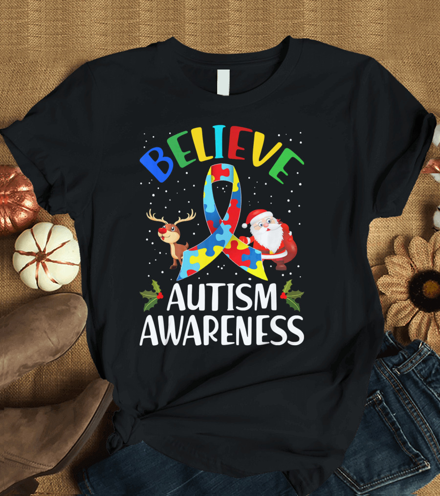 Believe Autism Awareness Santa Reindeer Puzzle Christmas T-Shirt