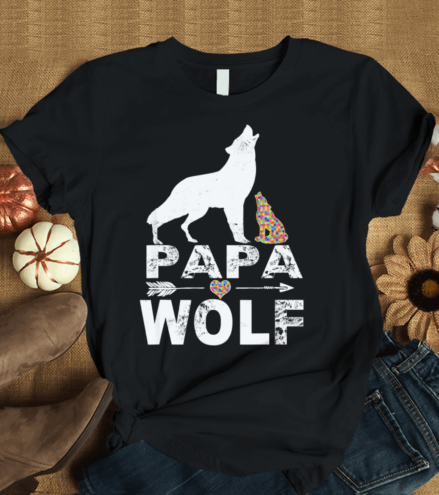 Papa Wolf Autism Awareness Puzzle Heart and Howling Pups T-Shirt