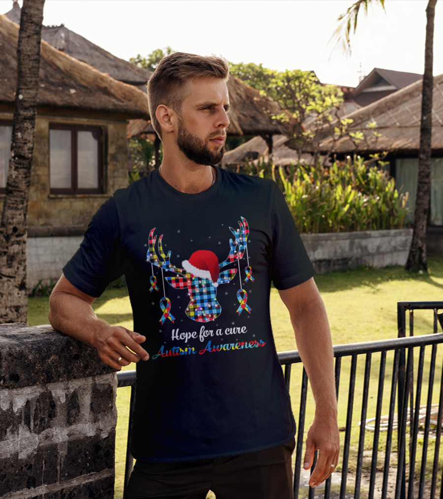 Hope For A Cure Autism Awareness Reindeer Plaid Santa Hat Ribbons T-Shirt