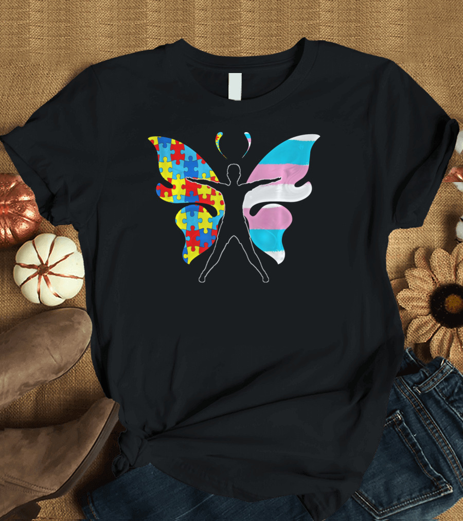 Autism Awareness Puzzle Butterfly with Transgender Flag Wings T-Shirt