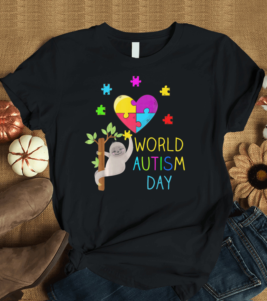 World Autism Day Sloth Heart Puzzle Pieces T-Shirt