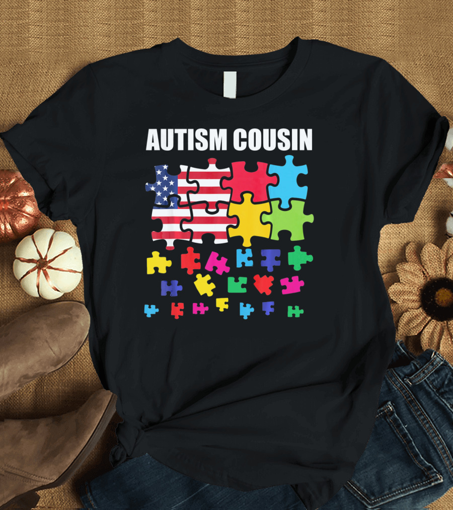 Autism Cousin Puzzle Pieces USA Flag Autism Awareness T-Shirt