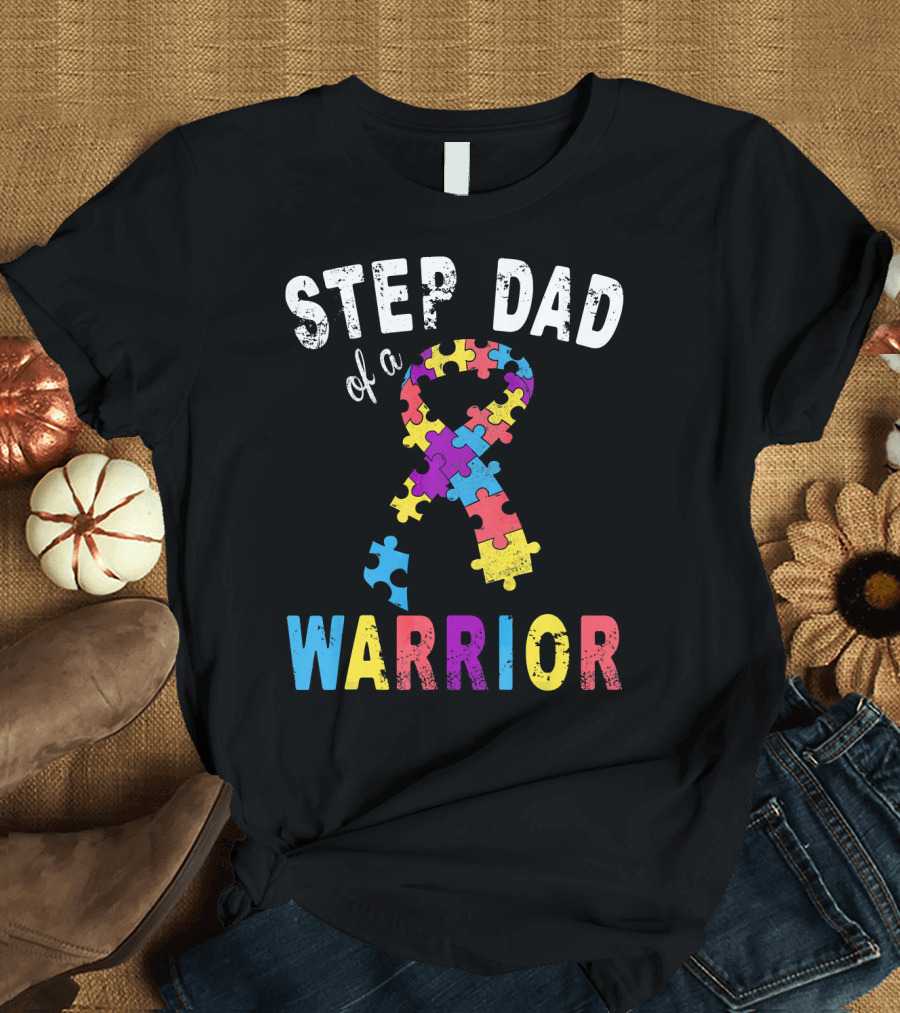 Step Dad of a Warrior Autism Awareness Puzzle T-Shirt