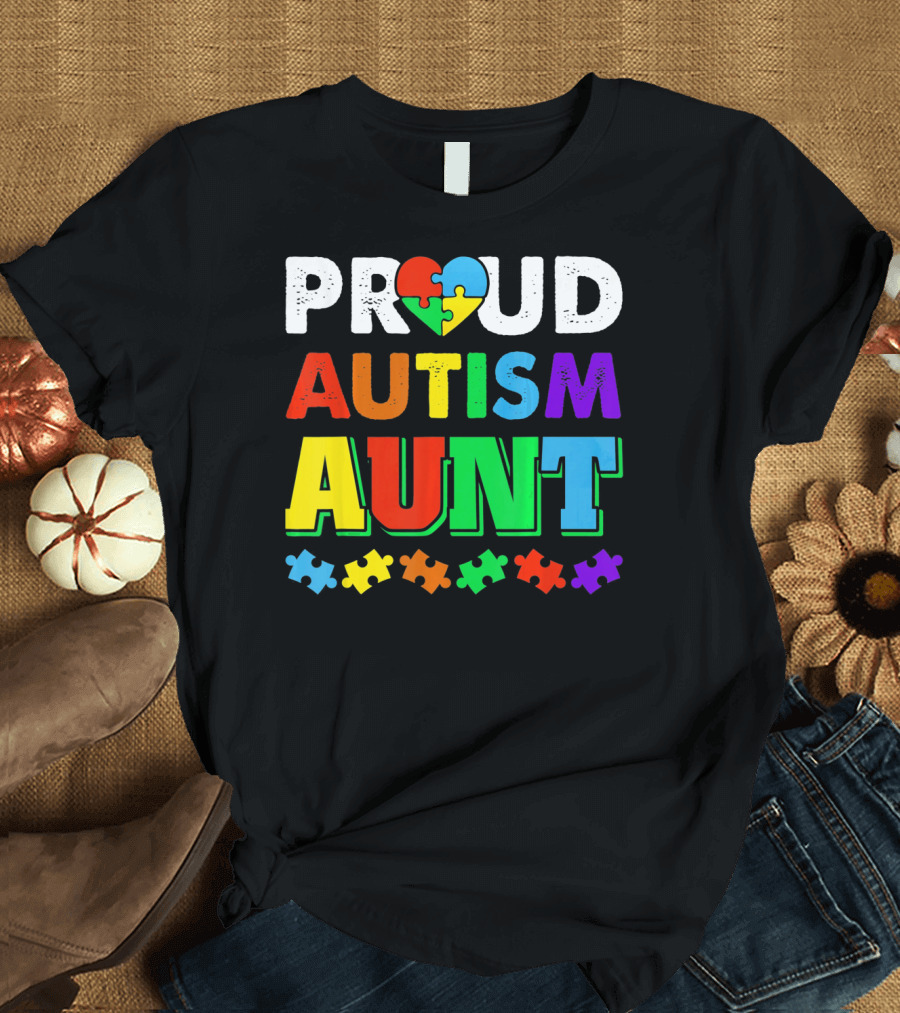 Proud Autism Aunt Autism Awareness Puzzle Pieces T-Shirt
