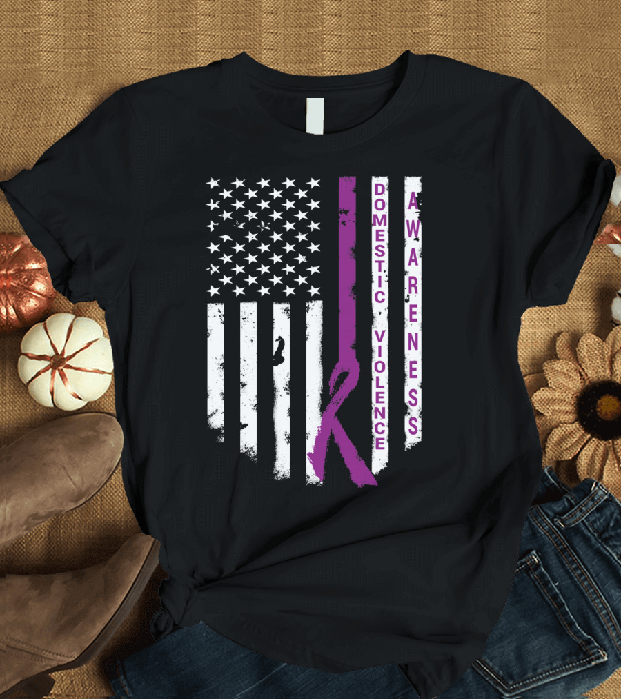 Domestic Violence Awareness Purple Ribbon American Flag T-Shirt