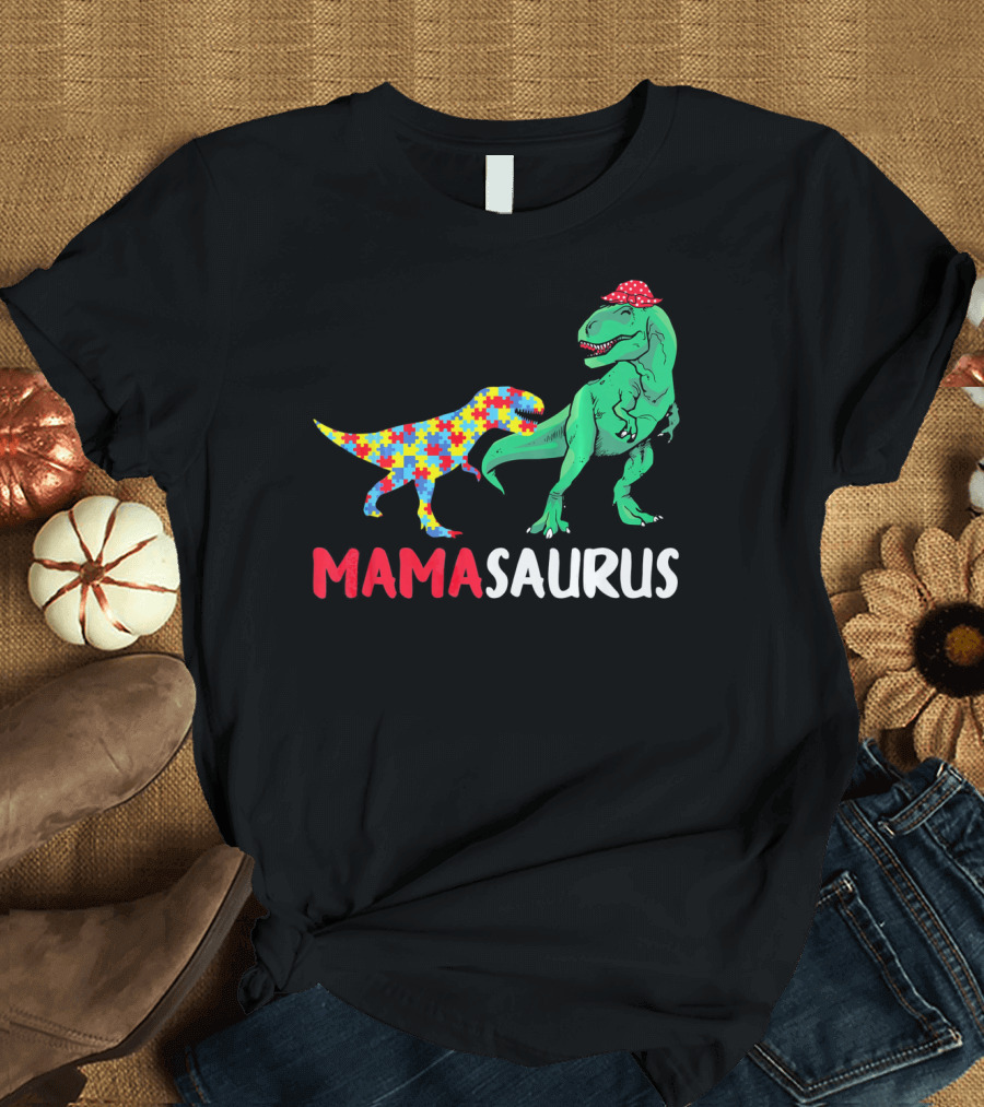 Mamasaurus Mama Dinosaur Puzzle Pattern Autism Awareness T-Shirt