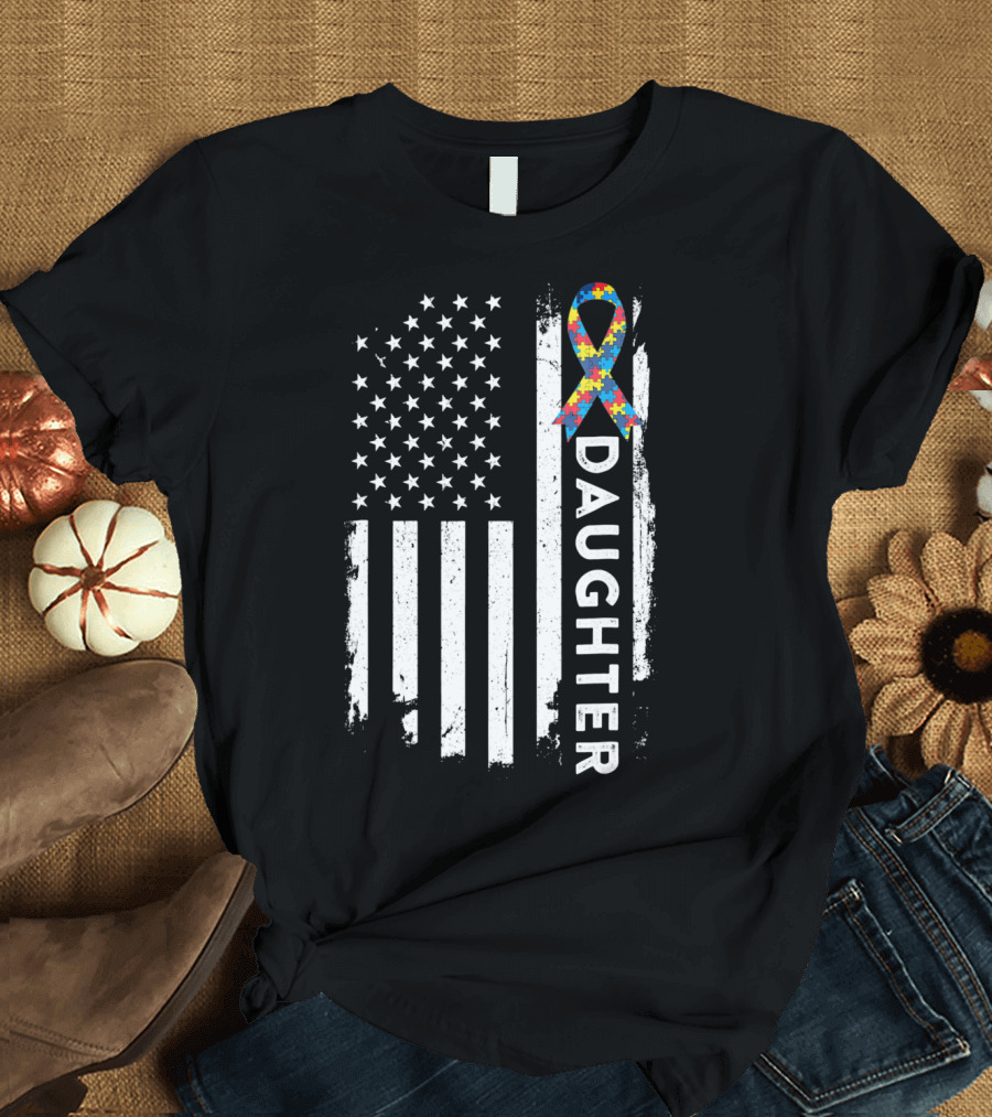Daughter Autism Awareness American Flag Puzzle T-Shirt
