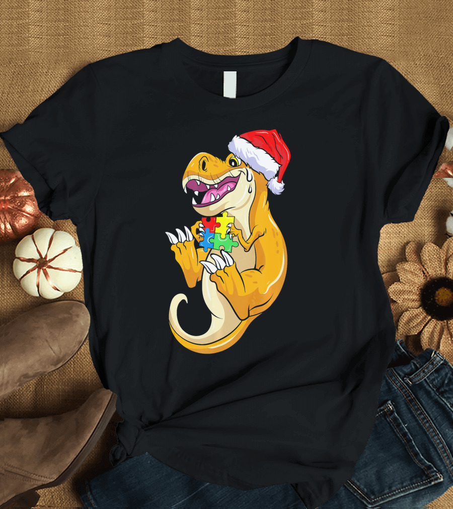 Christmas Autism Awareness Dinosaur Santa Hat Puzzle Pieces T-Shirt