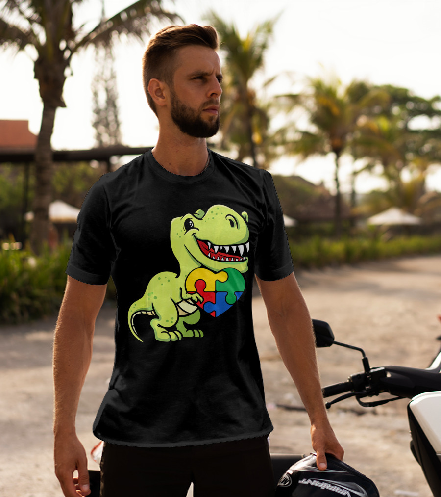 Autism Awareness Day Dinosaur T-Rex Holding Puzzle Heart T-Shirt