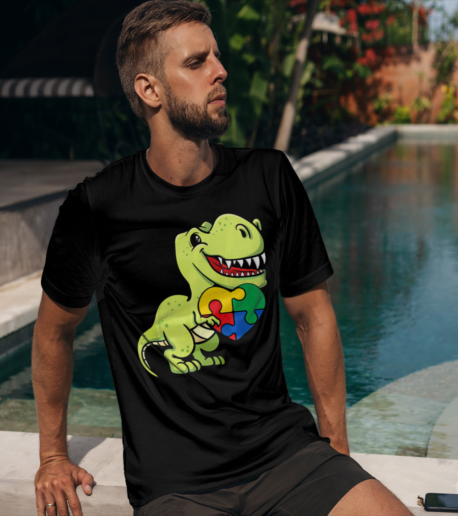 Autism Awareness Day Dinosaur T-Rex Holding Puzzle Heart T-Shirt