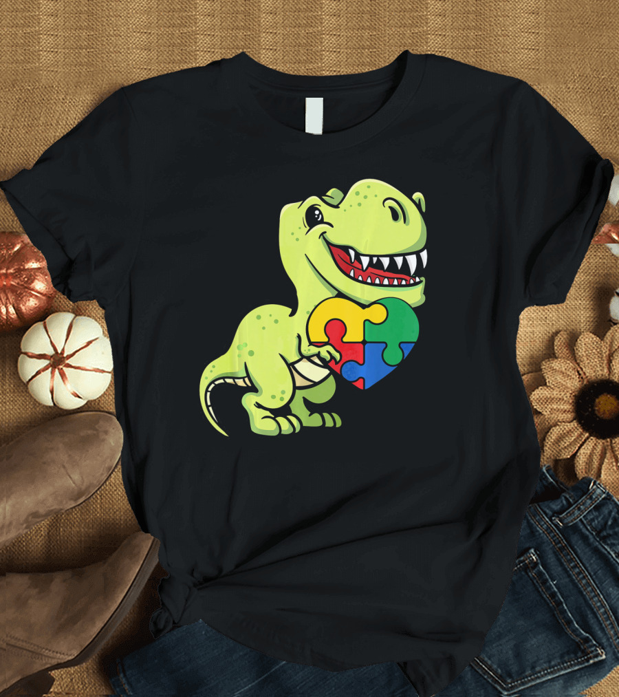 Autism Awareness Day Dinosaur T-Rex Holding Puzzle Heart T-Shirt
