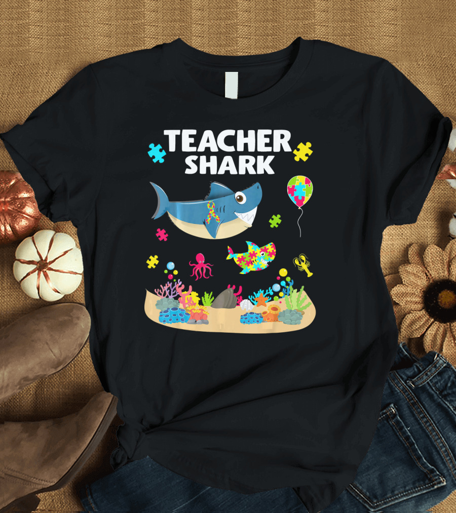 Teacher Shark Autism Awareness Ocean Puzzle Balloon Coral T-Shirt
