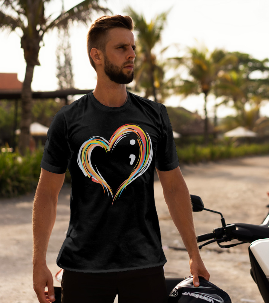 Heart Semicolon Rainbow Design For Mental Health Awareness T-Shirt