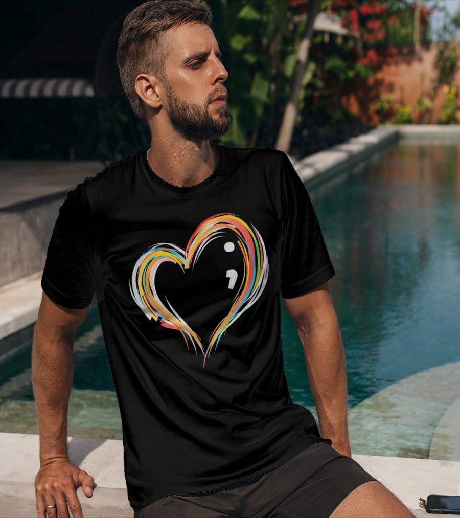Heart Semicolon Rainbow Design For Mental Health Awareness T-Shirt
