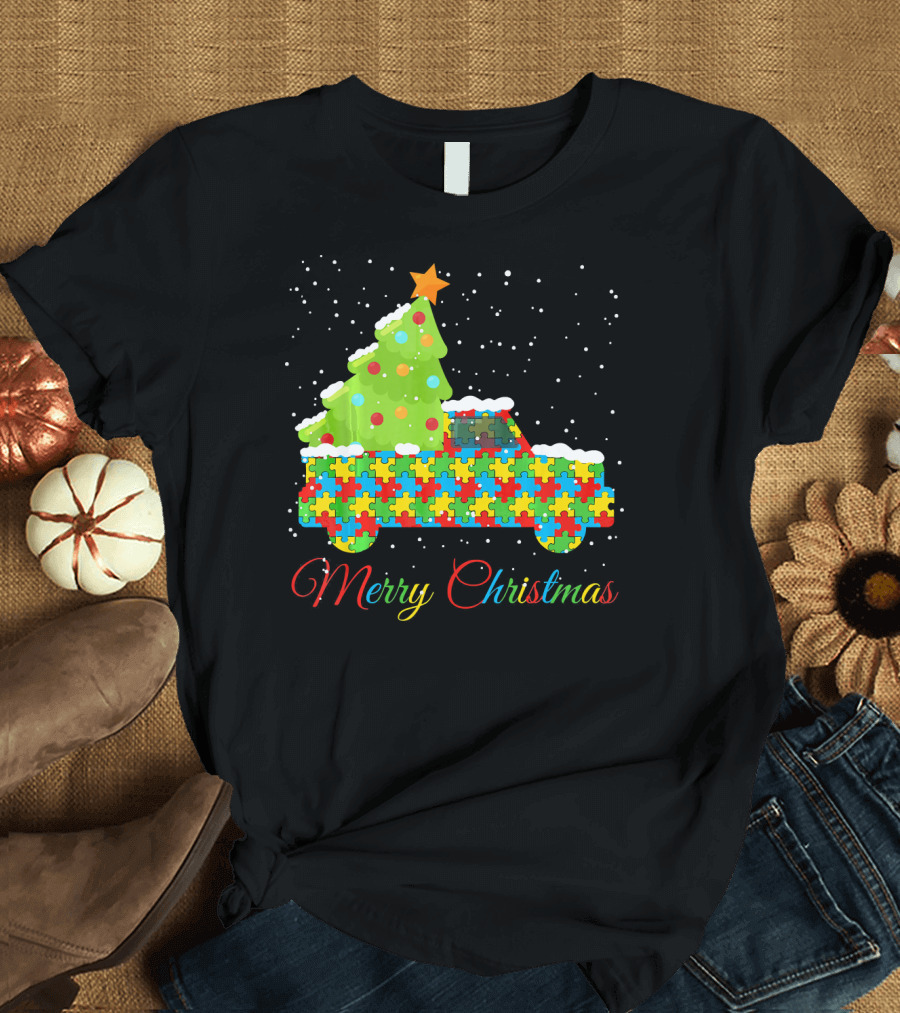 Merry Christmas Puzzle Truck Autism Awareness T-Shirt