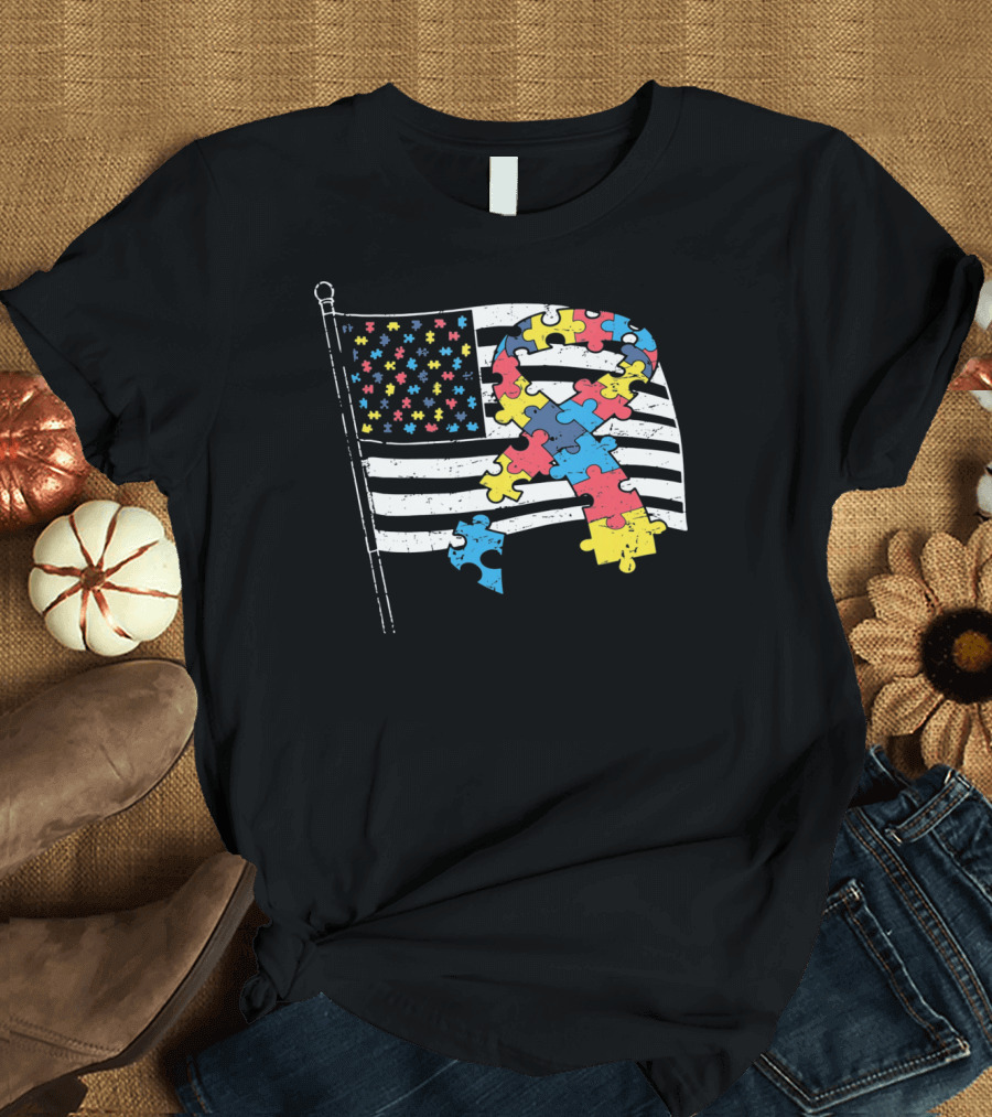 American Distressed Flag Puzzle Ribbon Autism Awareness T-Shirt