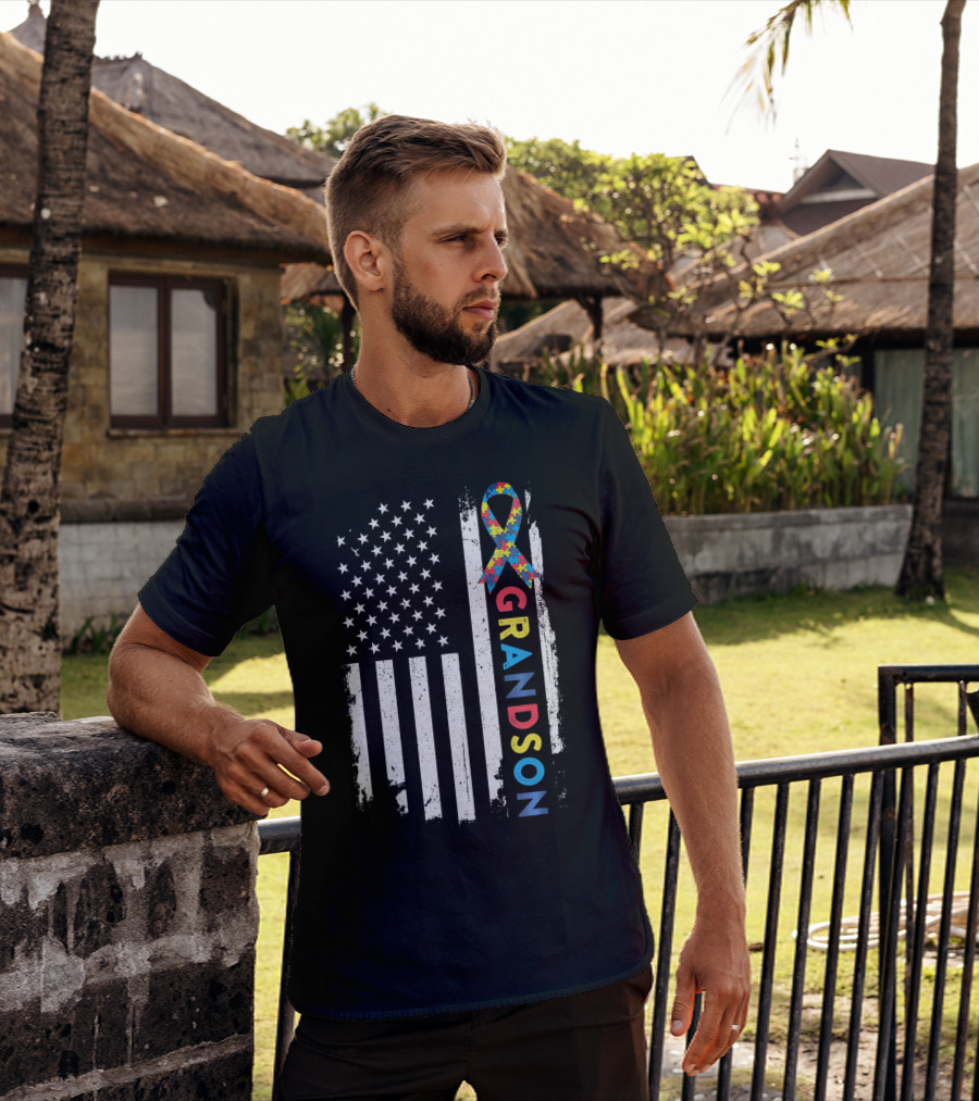 Autism Awareness American Flag Grandson Kids T-Shirt