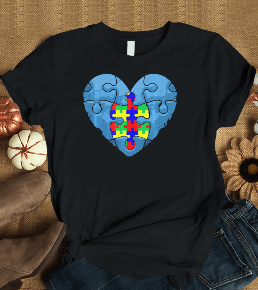 Love Doesn't Need Words Heart Puzzle Autism Awareness T-Shirt