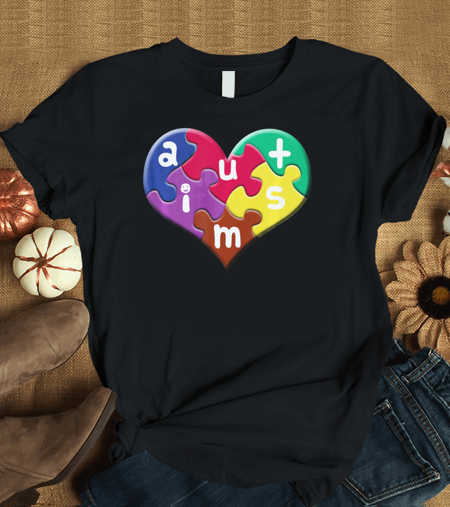 Autism Awareness Heart Puzzle Pieces Love Smile Colorful T-Shirt