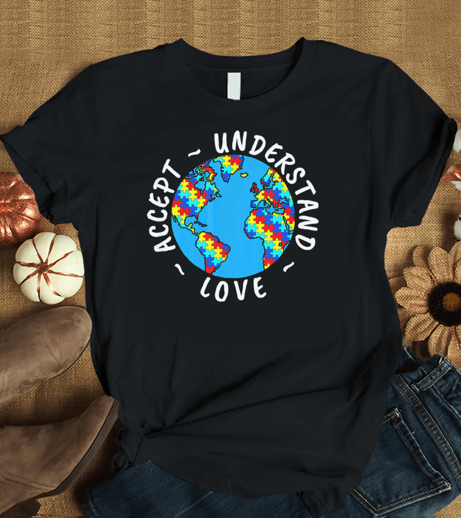 Accept Understand Love Autism Awareness World Puzzle T-Shirt