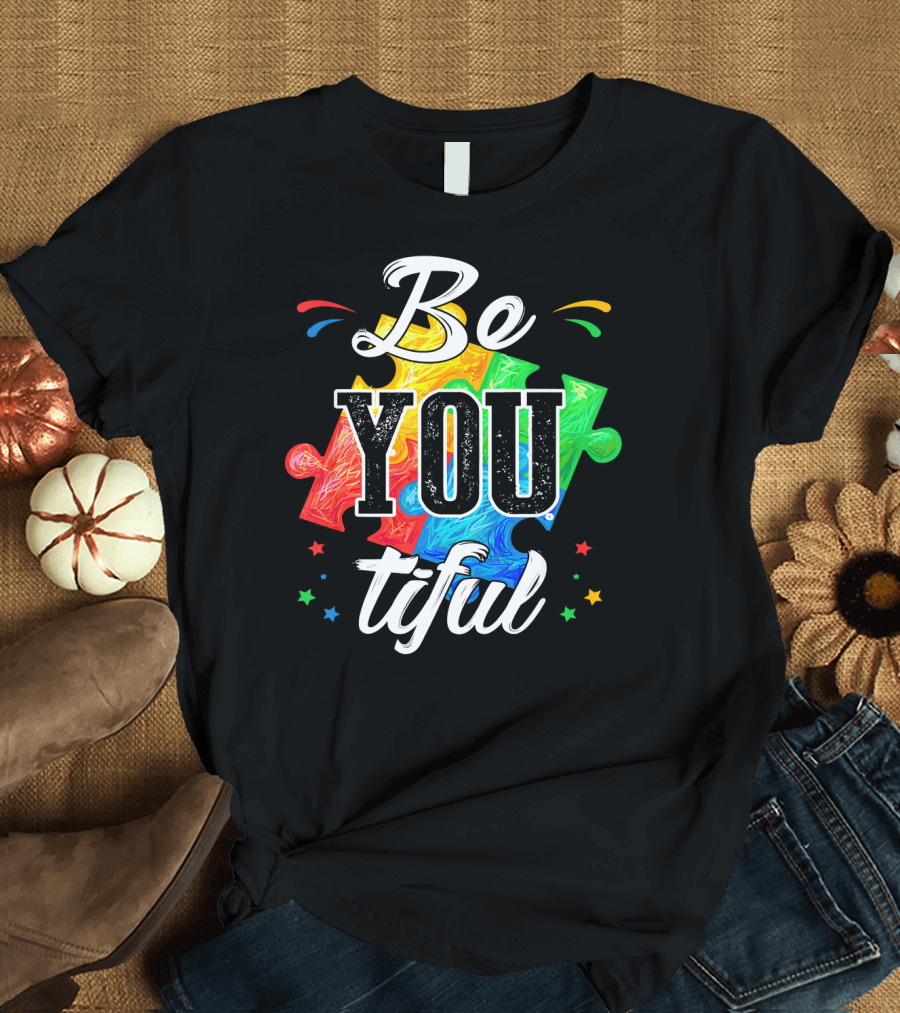 Be You Tiful Autism Awareness Colorful Puzzle Pieces with Stars T-Shirt