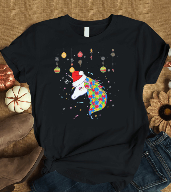 T-Shirt: Christmas Unicorn Santa Hat Autism Puzzle T-Shirt Christmas Unicorn Santa Hat Autism Puzzle T-Shirt