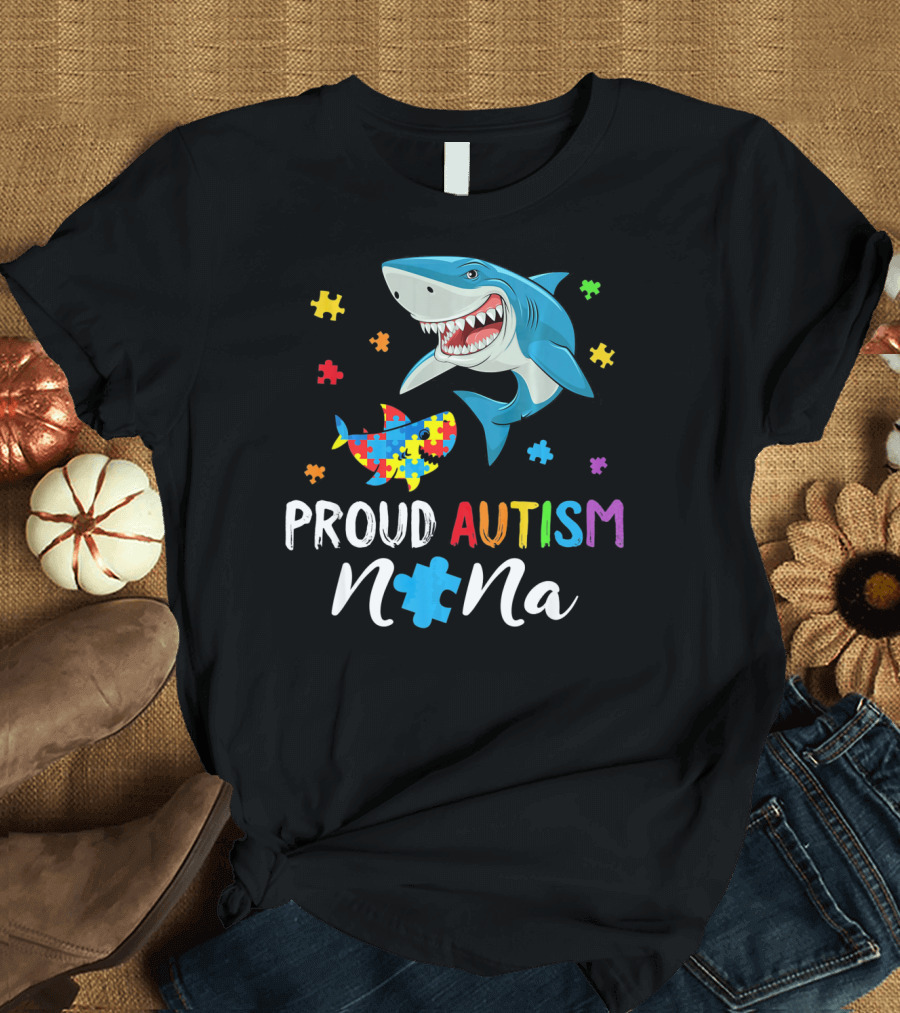 Proud Autism Nana Shark with Colorful Puzzle Pieces T-Shirt