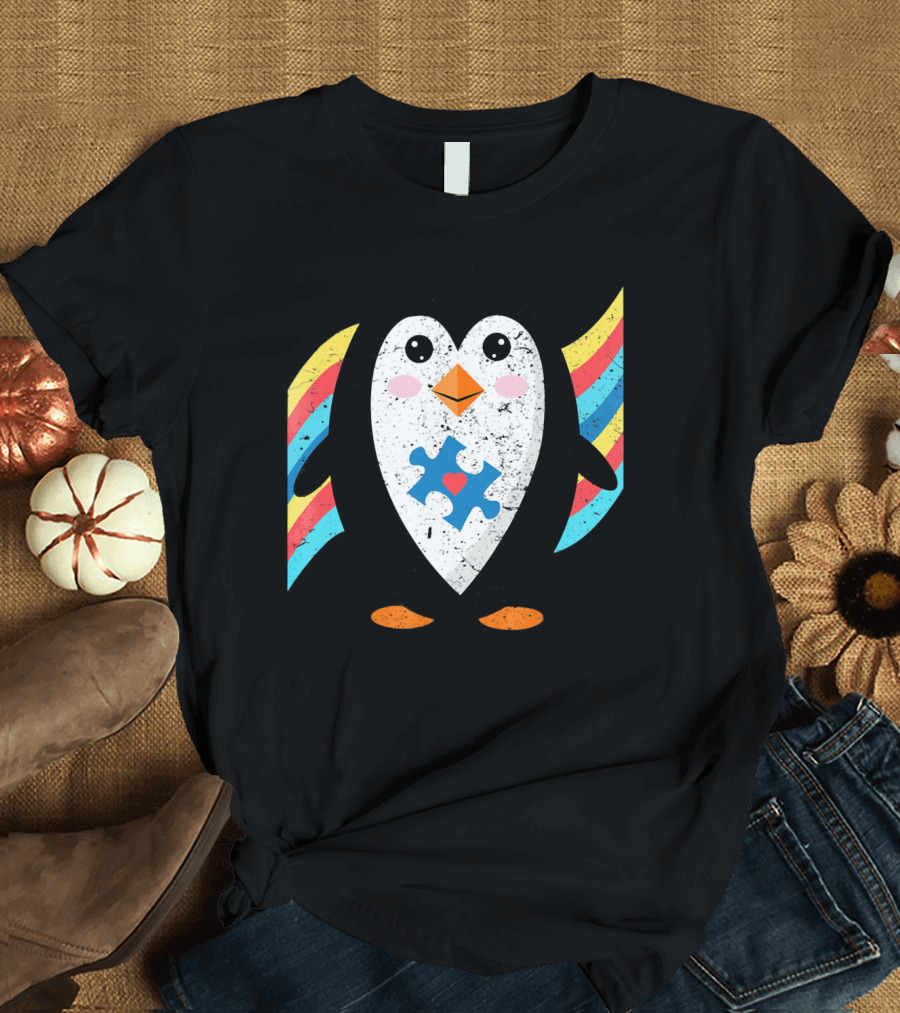 Cute Penguin Autism Awareness Heart Puzzle T-Shirt